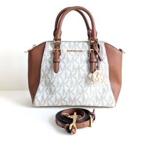 Michael Kors Ciara Medium Logo Printed Coated Canvas Leather Satchel Cream Brown